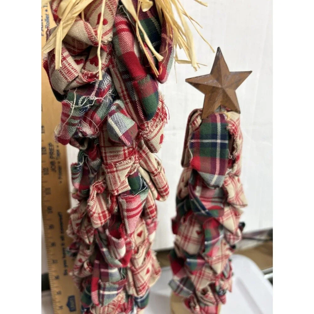 Primitive Rag Fabric Christmas Tree Wood Base 22” Farmhouse Star Missing VTG
